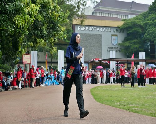 Seseorang menggunakan tangga umum dengan postur tegak